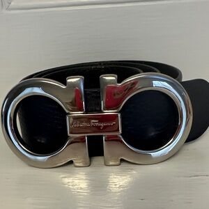 Salvatore Ferragamo Reversible Black and Navy Belt with Silver Buckle